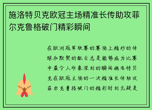 施洛特贝克欧冠主场精准长传助攻菲尔克鲁格破门精彩瞬间